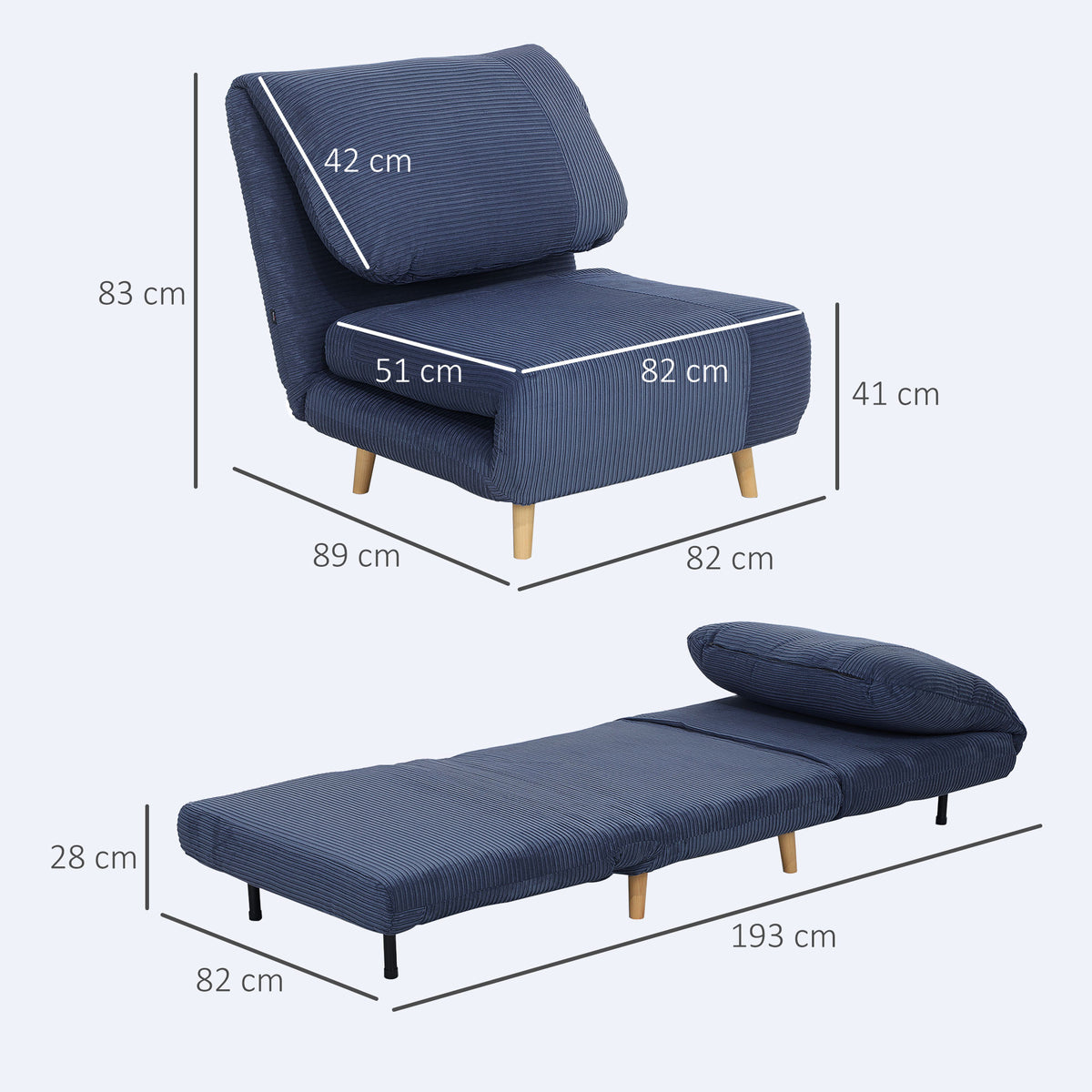 2-in-1 Schlafsessel G?stebett, verstellbare  Kopfst¨¹tze Cord-Optik 82 cm x 87 cm x 89 cm Blau