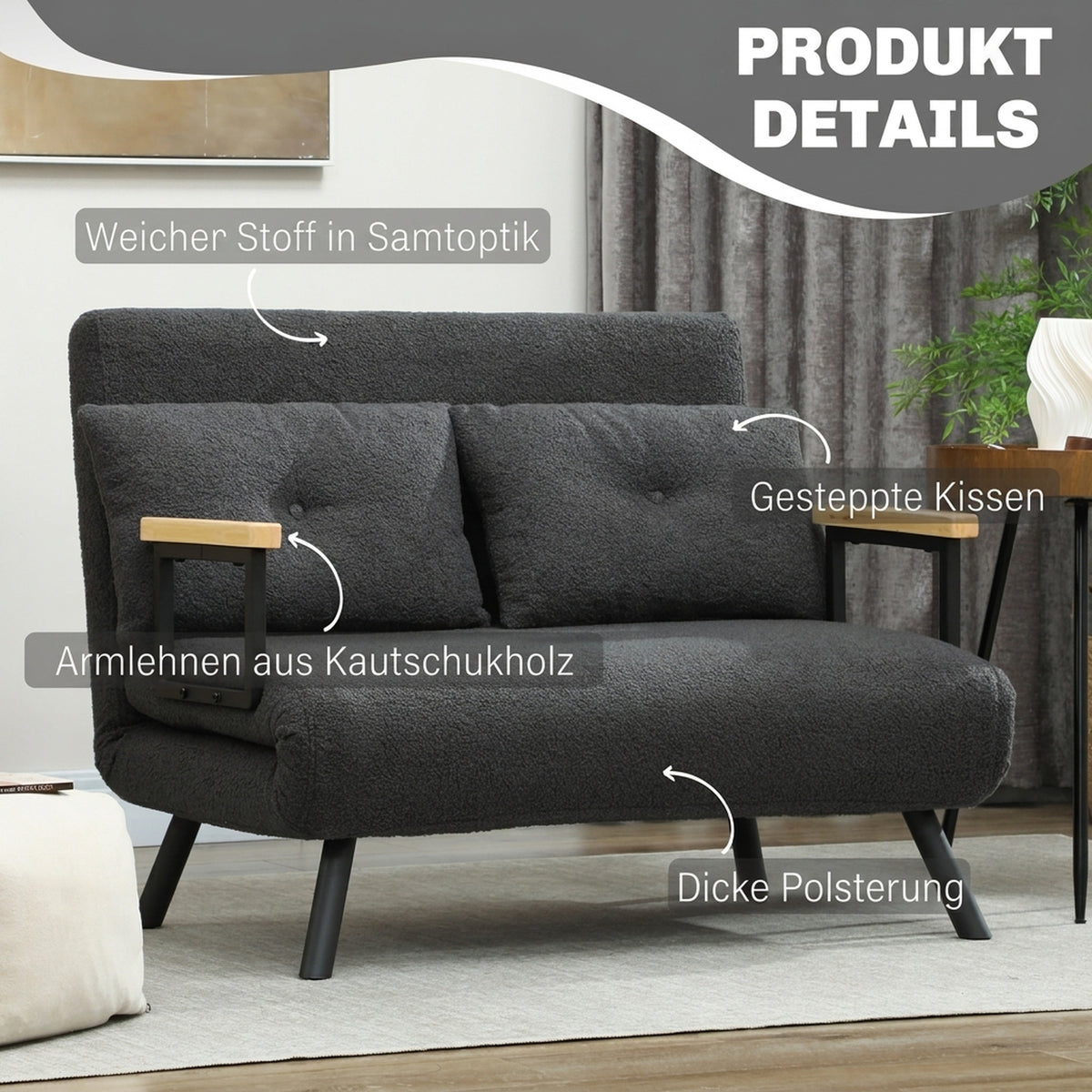 Schlafsofa 2er-Sofa mit Schlaffunktion, inkl. 2 Kissen, Sherpa-Optik, Natur + Dunkelgrau + Schwarz