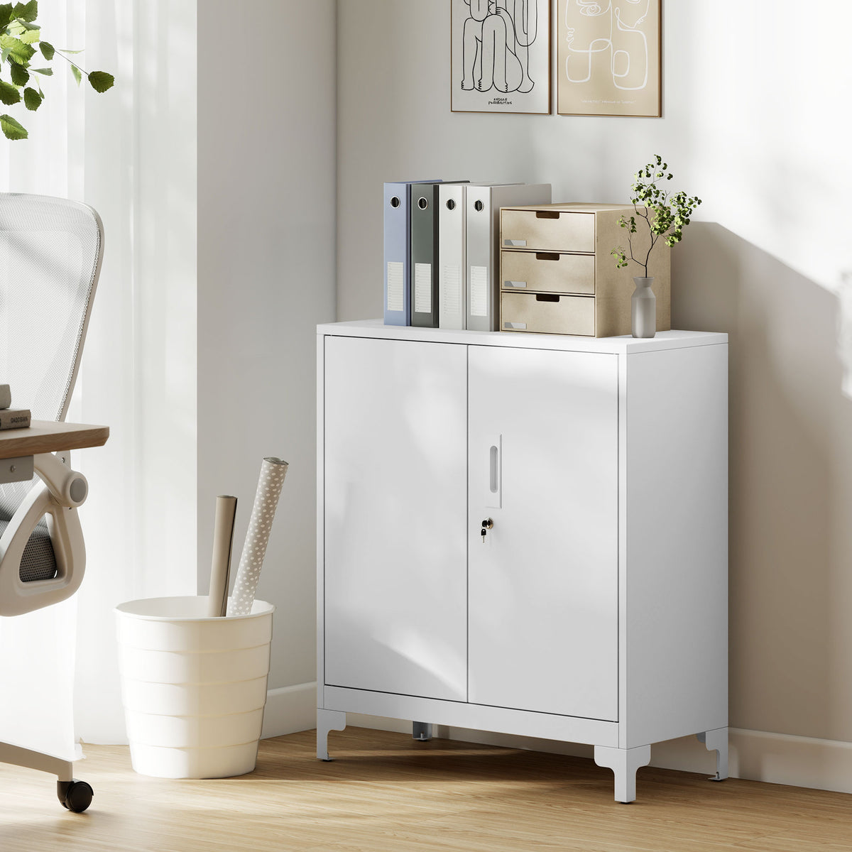 B¨¹roschrank aus Metall, verschlie?bare T¨¹ren, B¨¹rokommode, 2-stufiges Design, Wei?