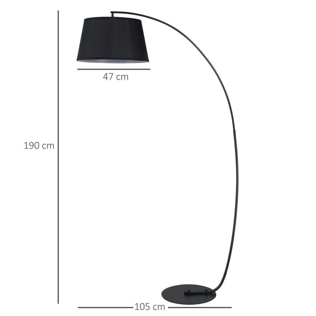 Stehlampe, Gebogene Stehleuchte mit Stoffschirm, Bodenlampe mit runder Basis, Metall, 105L x 47B x 190H cm, Schwarz