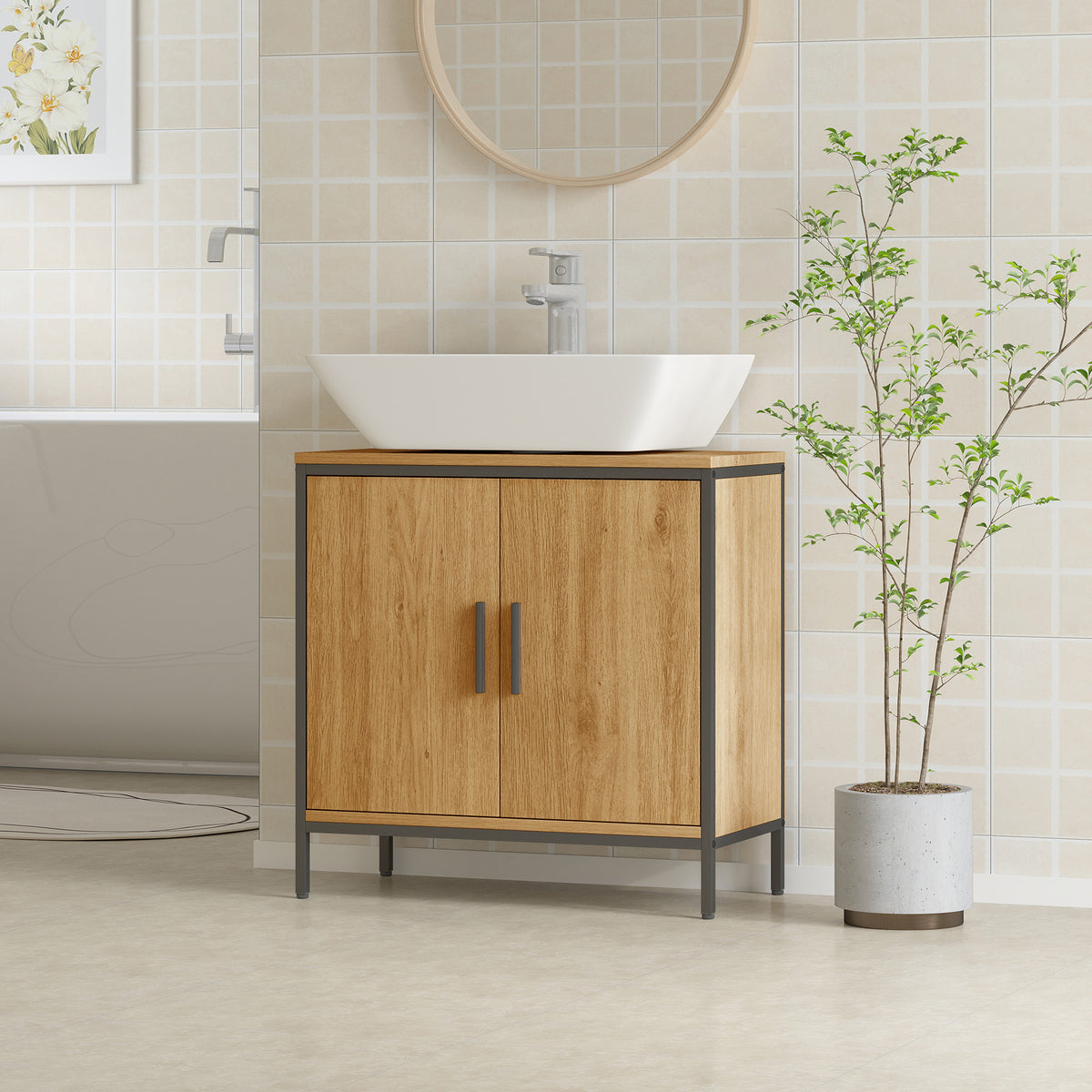 Waschbeckenunterschrank Badezimmer Unterschrank mit 2 Türen, einstellbarem Regal Badezimmerschrank mit Stahlrahmen, für Waschbecken ohne Sockel, Eiche, 60x30x60 cm