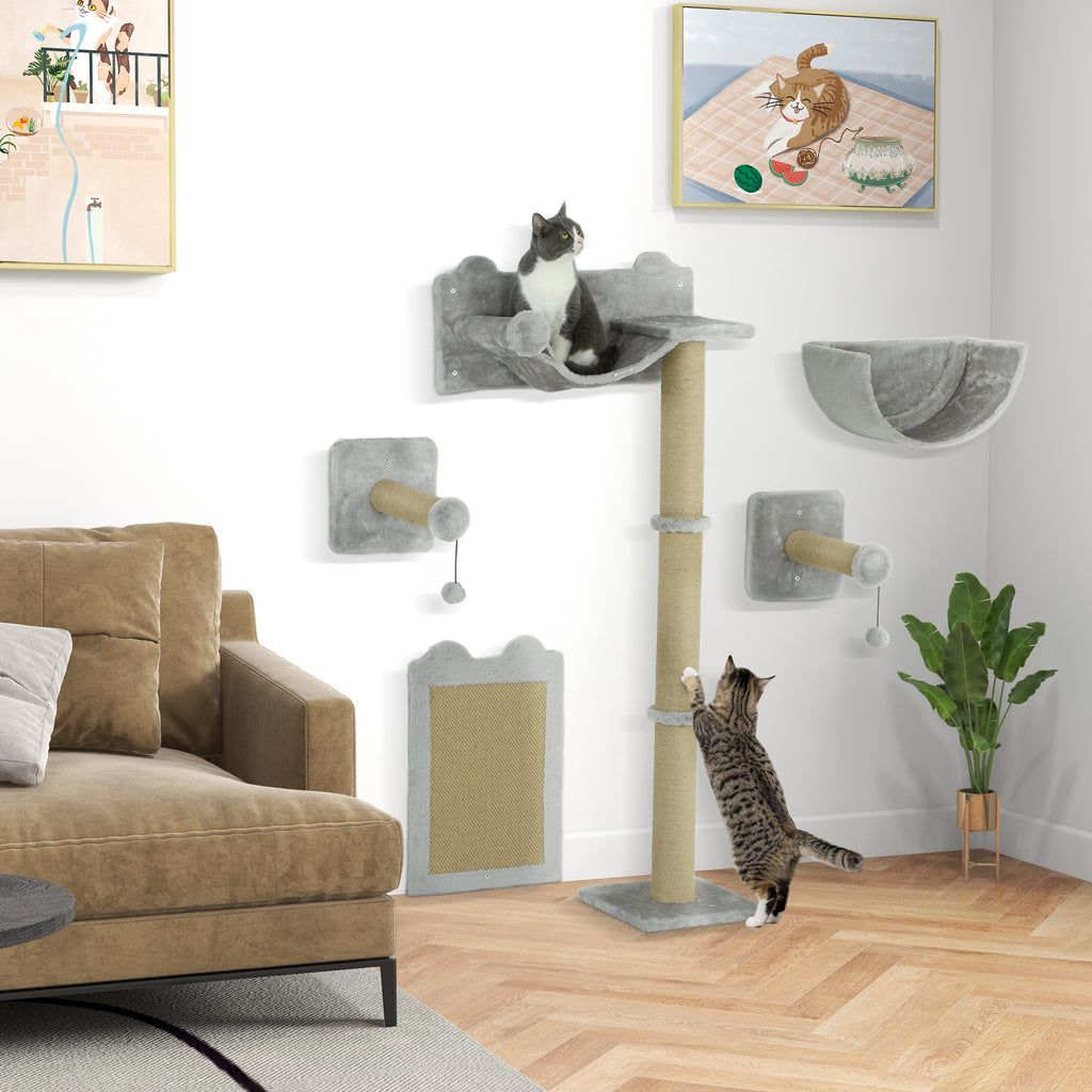 5-teiliges wandmontiertes Kletterset für Hauskatzen mit Kratzpfosten, Kratzmatte, Katzenbett, Spielzeugbällen, Hellgrau