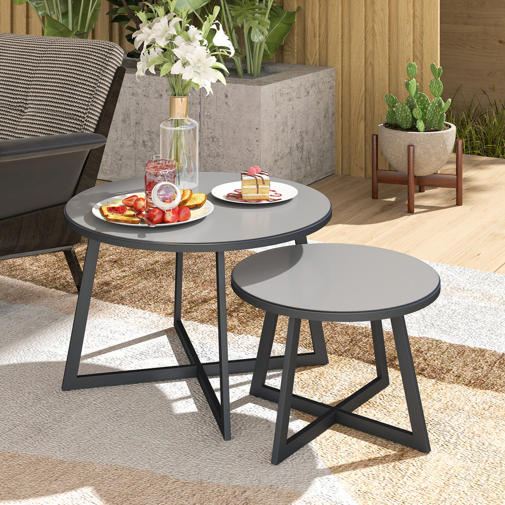 2er Set Beistelltisch Stapelbar Gartentisch Rund wetterfest Balkontisch mit X-Beine Glasplatte Stahl Schwarz+Grau