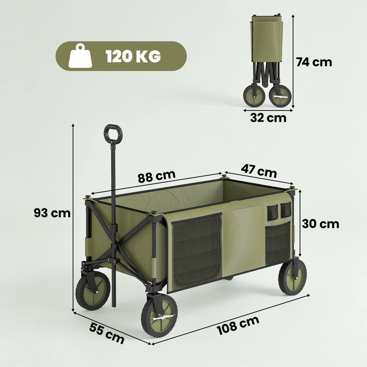 Bollerwagen, klappbar, 5 Seitentaschen, einziehbare Griff, bis 120 kg belastbar, Stahl, 108 x 55 x 93 cm, Gr¨¹n