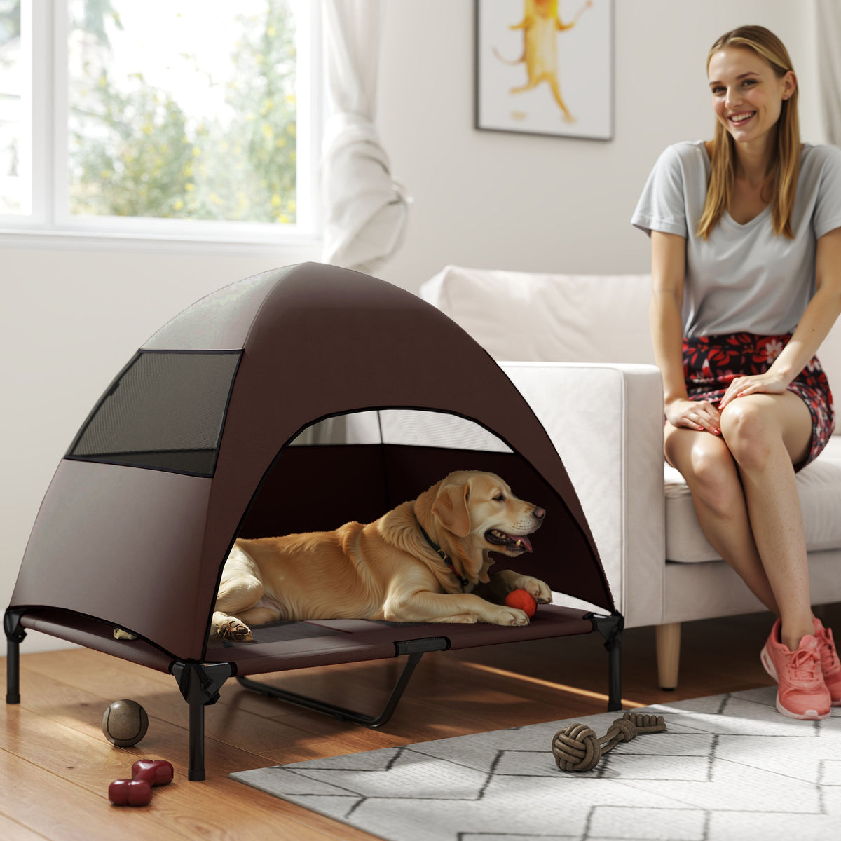 Hundeliege Outdoor mit Dach, Erh?htes Hundebett f¨¹r Gro?e Hunde, 91 x 76 x 90 cm, Kaffee