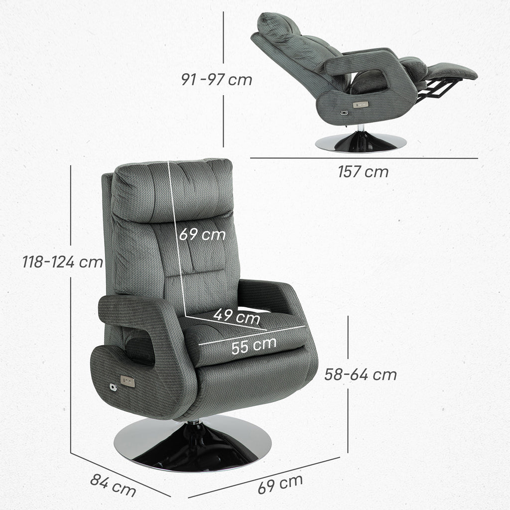 Recliner-Sessel, Elektrischer Polstersessel mit USB-Anschluss und Fu?st¨¹tze, Samtoptik, drehbar, verstellbar, Grau