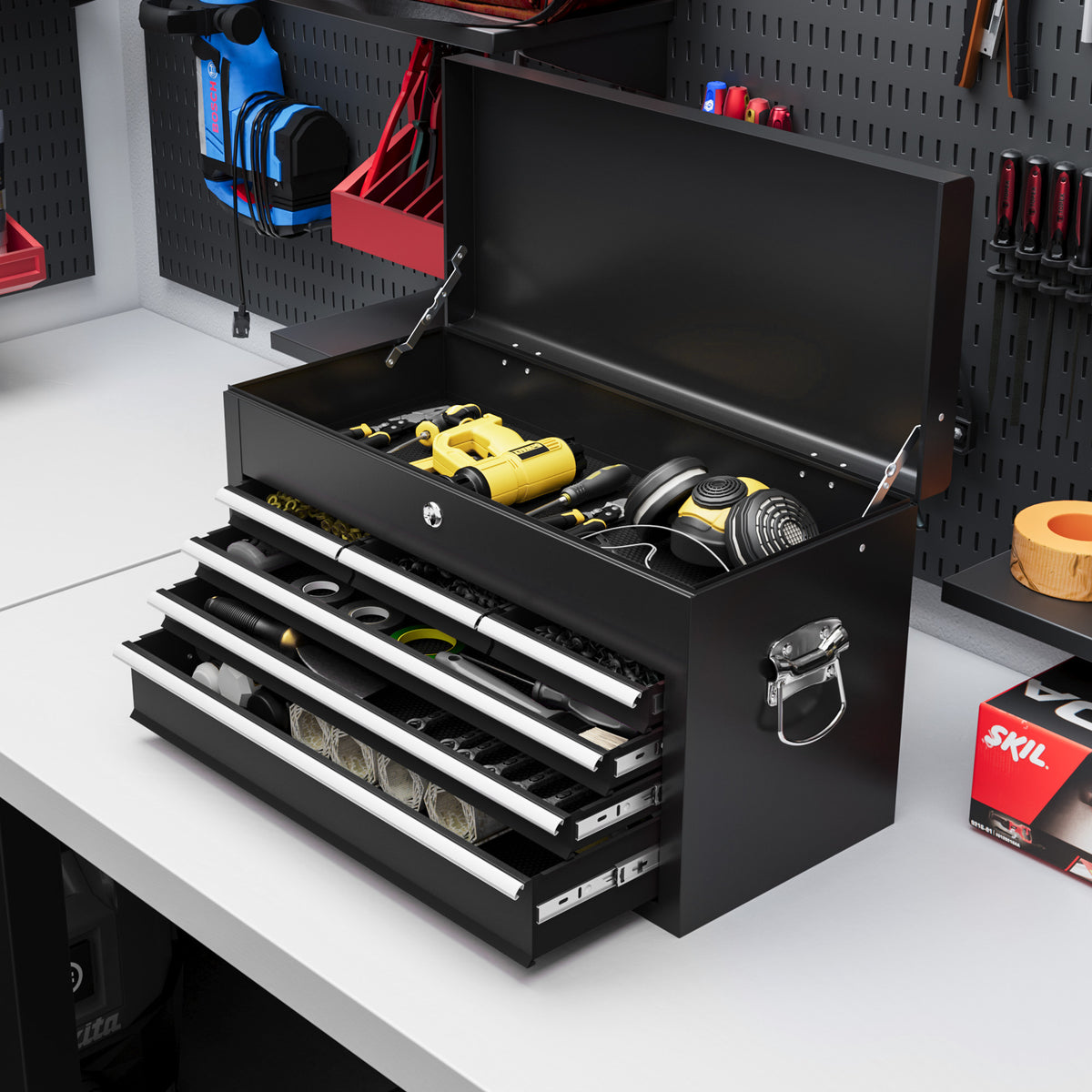 Steel Six Drawer Tool Storage Carry Chest, with Lock and Keys - Black