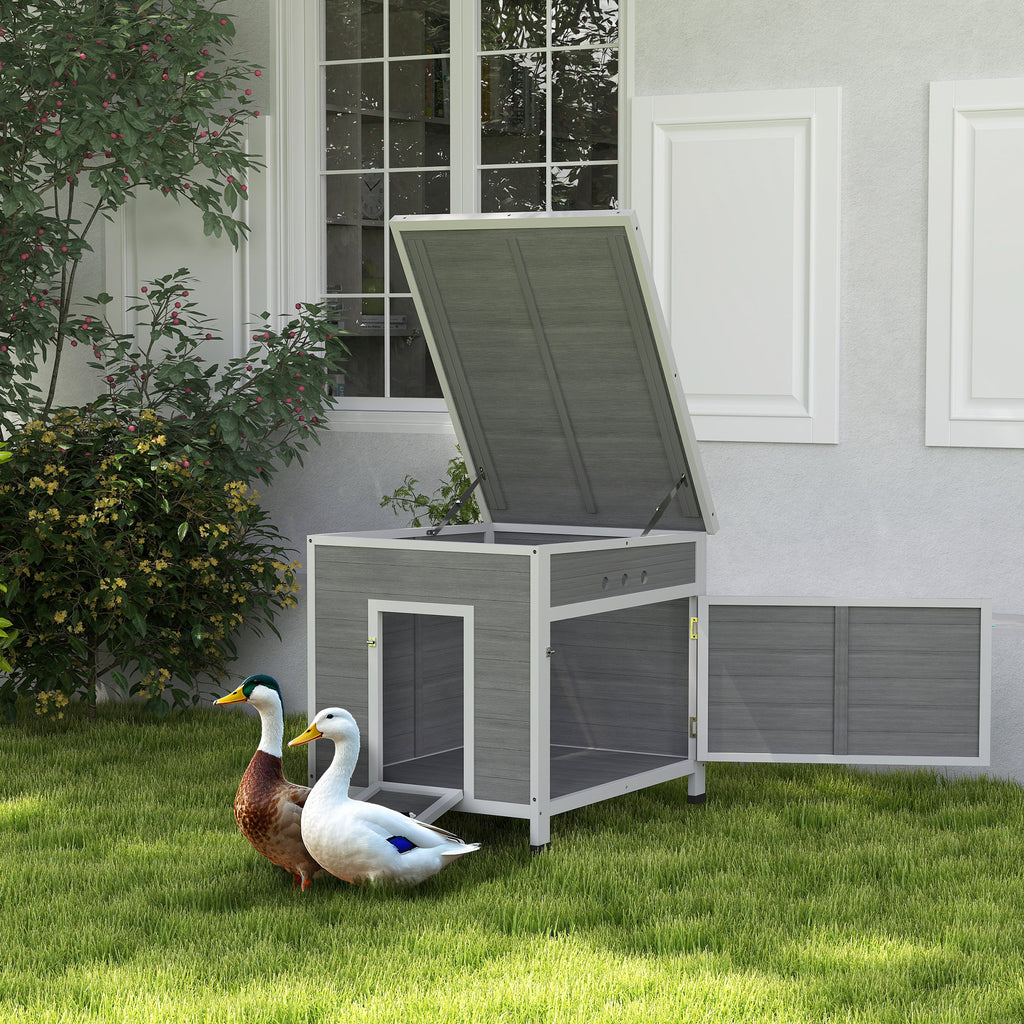 Wooden Duck House with Ramp, Double Doors, Openable Asphalt Roof, Ventilation Holes, Removable Base, Light Grey