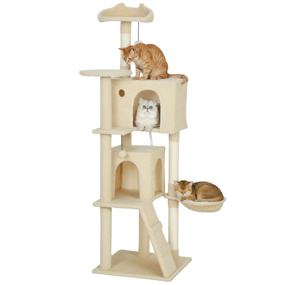 160cm Large Cat Tree Tower with Sisal Scratching Posts, Condos, Plush Perches, Hammock, Ladder, Beige