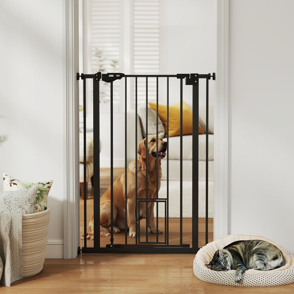 Extra Tall Pet Gate, Indoor Dog Safety Gate, with Cat Flap, Auto Close, 74-80cm Wide - Black