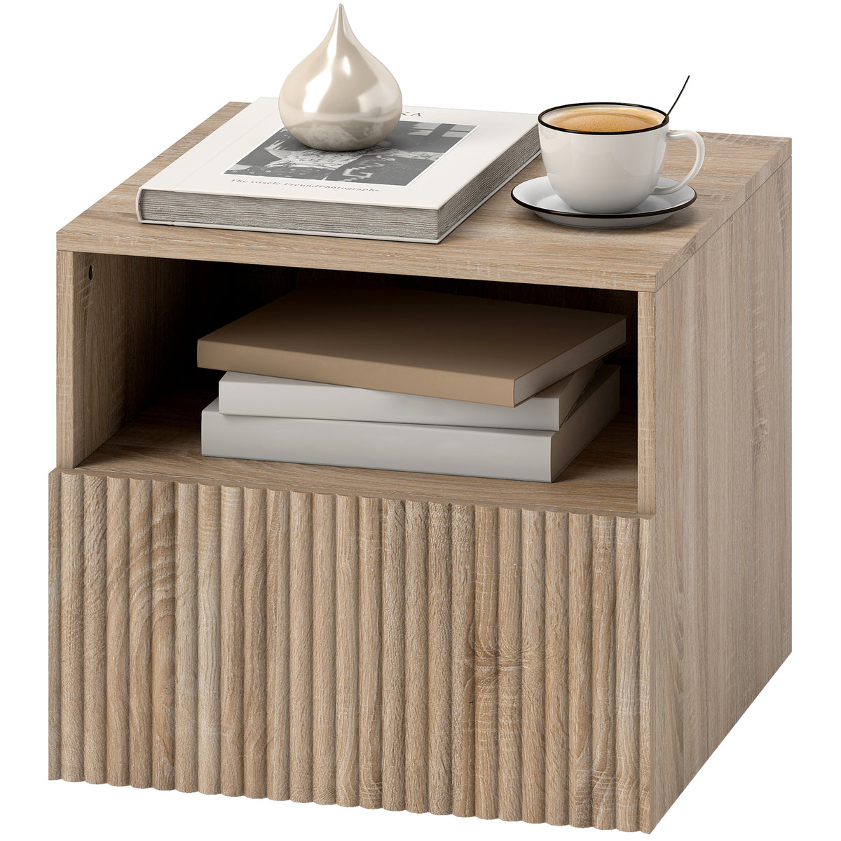 Nachttisch, griffloses Design, offenes Fach, Schublade, Wandmontage, Hellbraun