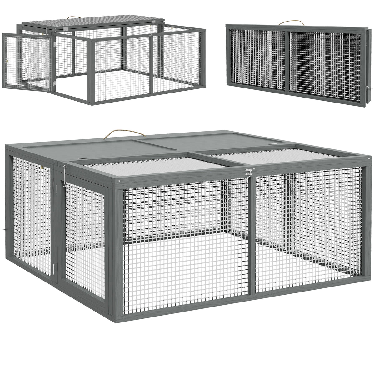 Wooden Folding Rabbit Hutch, for 2-3 Rabbits - Grey