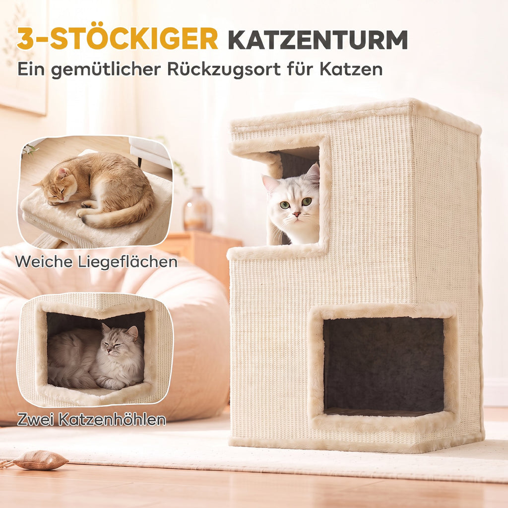 3-stöckiges Katzentonne für drinnen, halbgeschlossene Katzenhöhle mit Kratzflächen rundum, 2 Katzenhöhlen