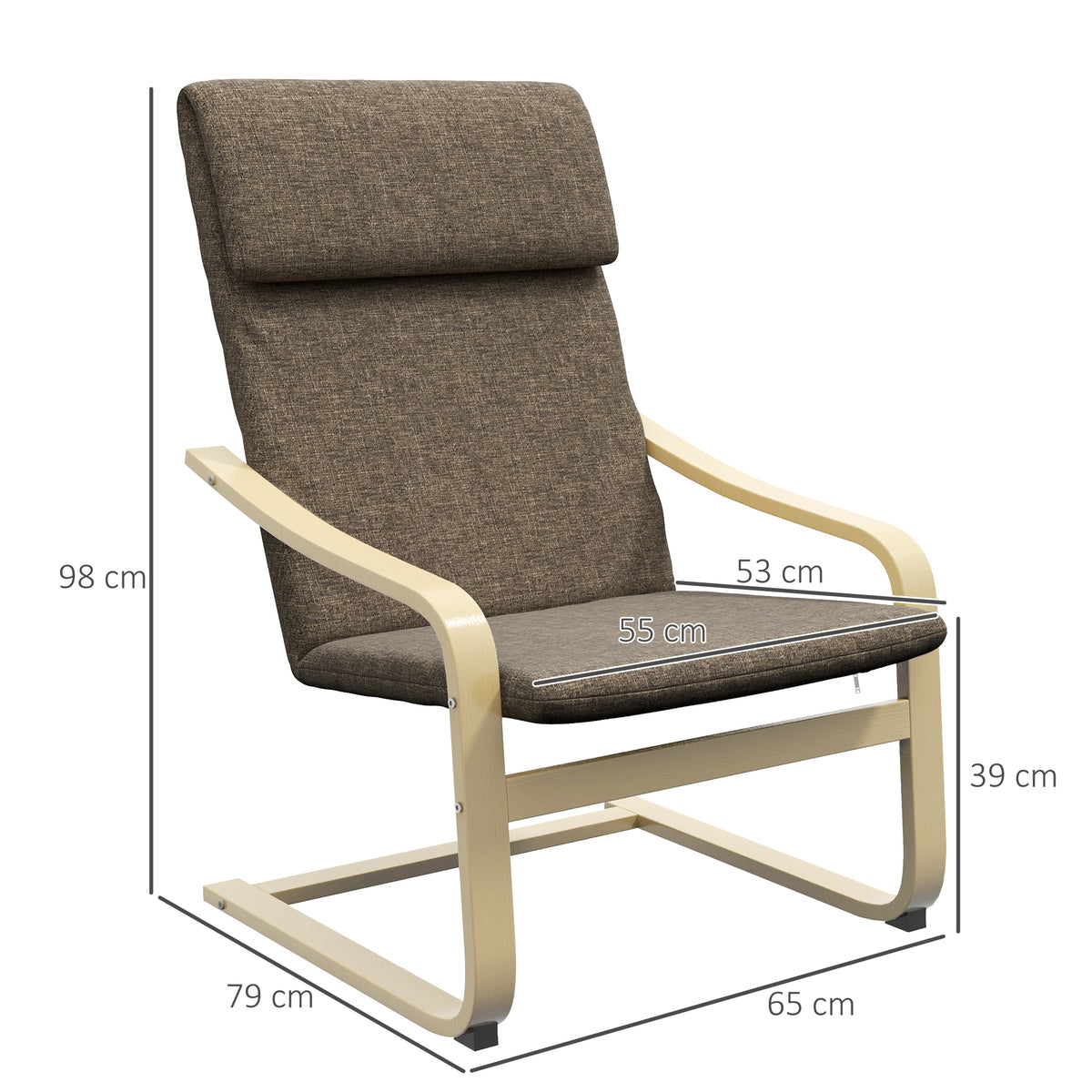 Sessel mit Kopfstütze und Armlehnen, Bezug in Leinenoptik, Holzgestell, Braun + Natur