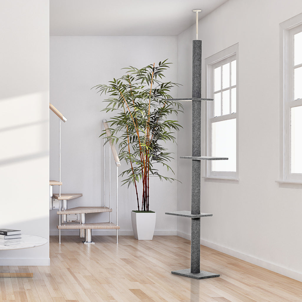 260cm Floor To Ceiling Cat Tree for Indoor Cats w/ Three Platforms Activity Centre - Grey