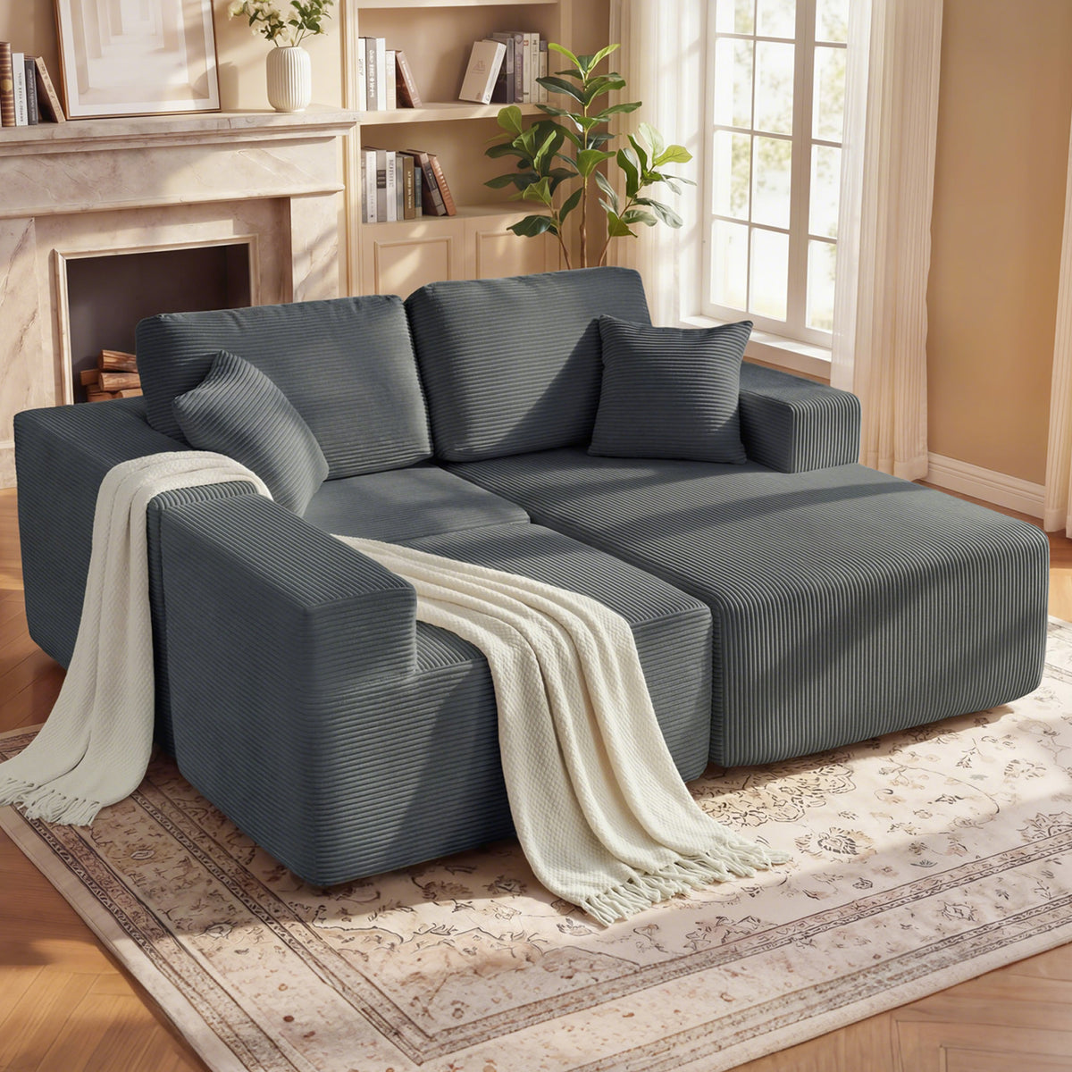 Modulares Ecksofa, L-förmiges Sofa-Bett mit tiefem Sitz, breiten Armlehnen, 2 Kissen, Dunkelgrau
