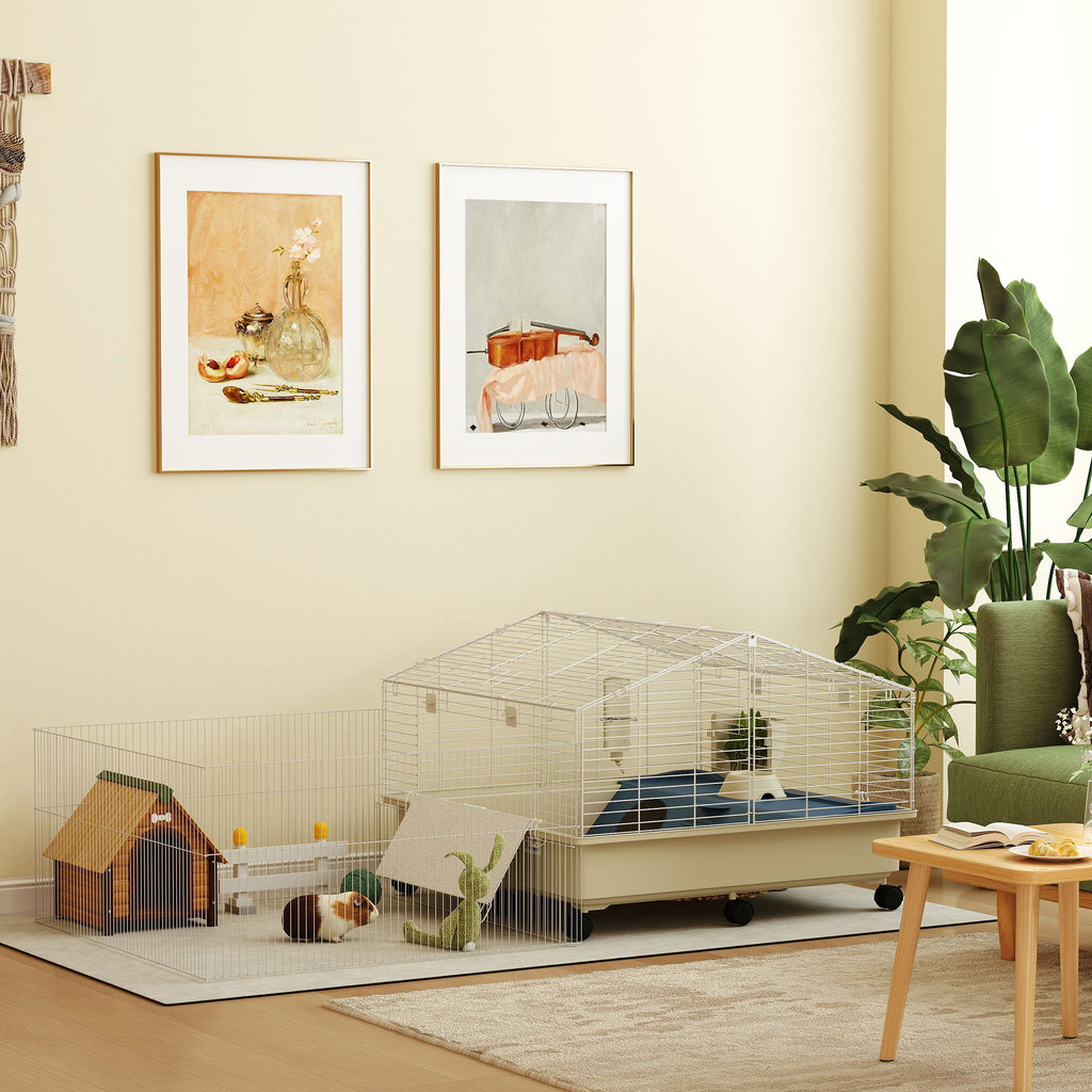 Kleintierkäfig, Balkon, Rampe, Futtertrog, Wasserflasche, 2-Ebenen-Design, Weiß
