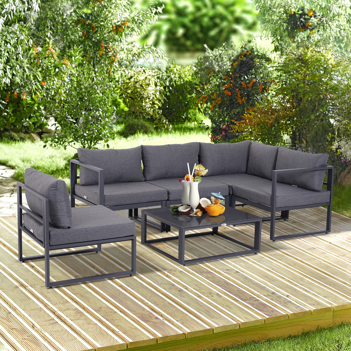 6-tlg. Gartengarnitur Gartenset Gartensofaset Sitzgruppe Gartenm?bel Alu+ Polyester + Hartglas Grau 4 x Sessel 1 x Ecksofa 1 x Beistelltisch Kissen f¨¹r 4¨C5 Personen