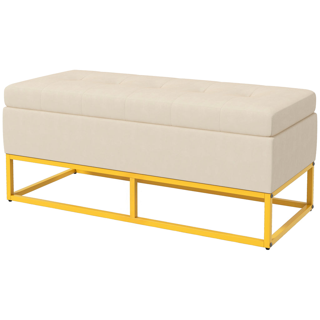 Sitzbank mit Stauraum, dekorative Knopfheftung, Flanelloptik, goldfarbene Stahlbeine, 110 x 47 x 46,5 cm