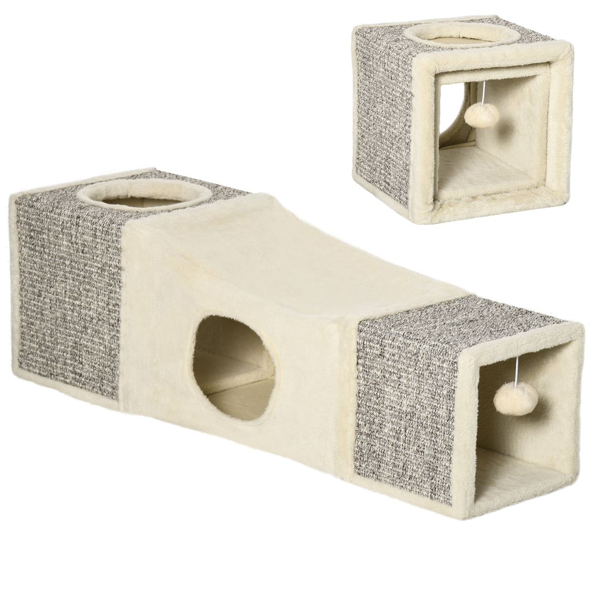 Cat Tunnel, Plush Large Play Tunnel with Two Caves and Hanging Ball, Cream White