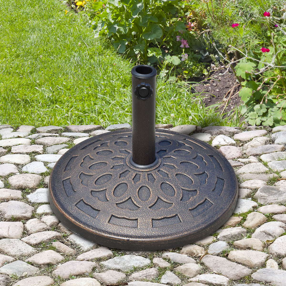 14 kg Round Garden Parasol Base Holder Decorative Resin Umbrella Stand with Adjustable Coupler for Outdoor Patio Market, Bronze Tone