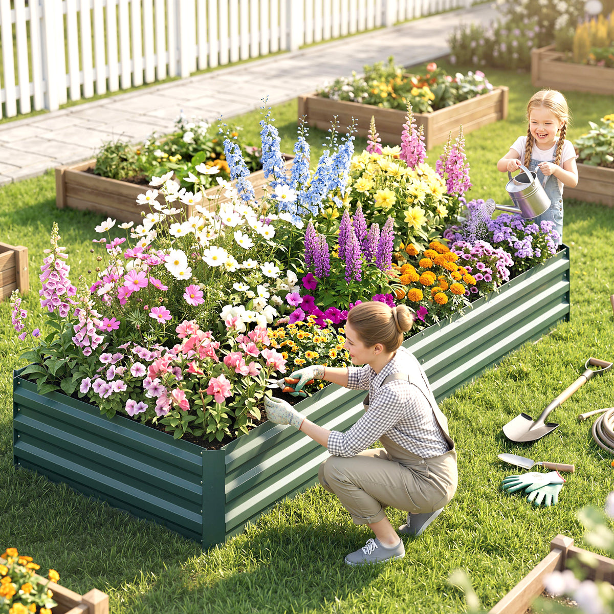 Metal Raised Garden Bed Planter Box Outdoor Planters for Growing Flowers, Herbs, Green, 241x90.5x30cm