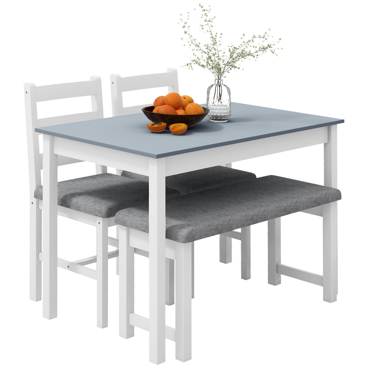 Sitzgruppe, 4-teiliges Esstisch-Set, 1 Tisch, 1 Bank, 2 Stühle, Grau + Weiß