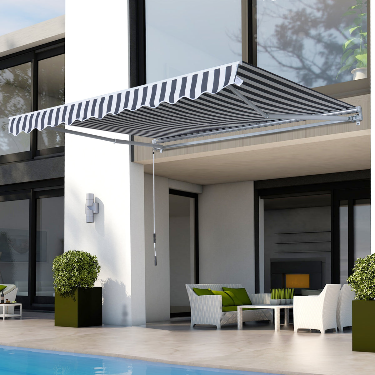 3.5M x 2.5M Garden Patio Manual Awning Canopy Sun Shade Shelter Retractable Gear Lever Winding Handle - Grey