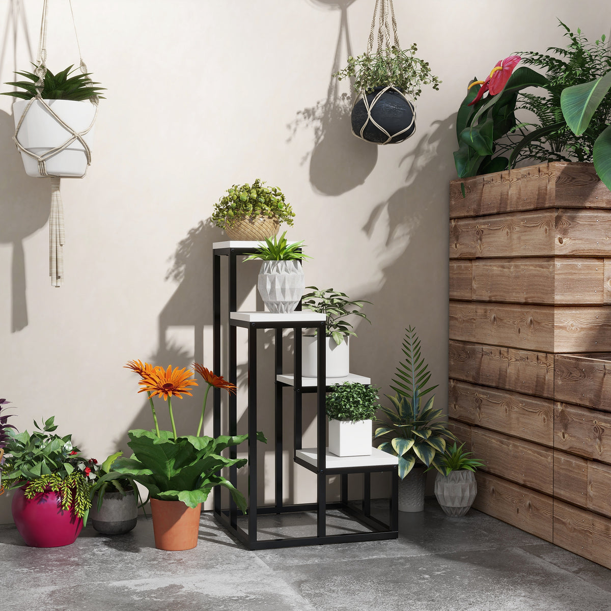 Blumenregal, 4 Etagen, Indoor & Outdoor, Metallrahmen, 34L x 34B x 70H cm, Schwarz+Wei?