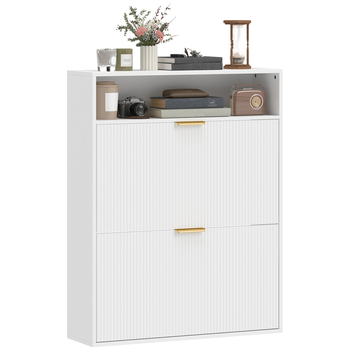 Schmaler Schuhschrank mit 2 Klappfächern und Ablagefläche für Flur und Eingangsbereich, Weiß