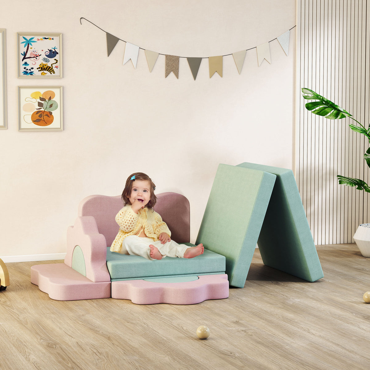 12-teiliges Set Schaumstoffbl?cke zum Klettern, Bauen, Krabbeln, Indoor-Spielmatten mit Cordbezug, Gr¨¹n+Rosa