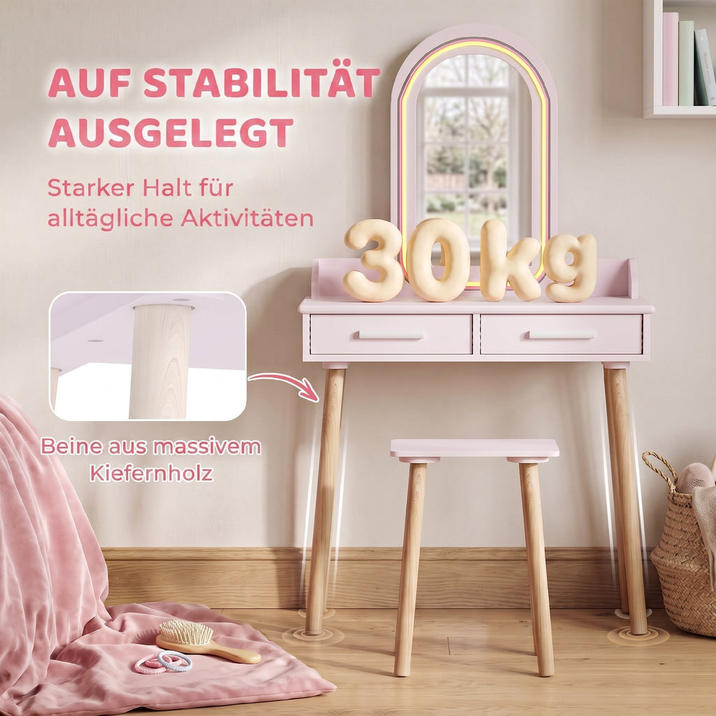 Kinder Schminktisch Set 2 in 1 mit LED-Spiegel für Mädchen Rosa