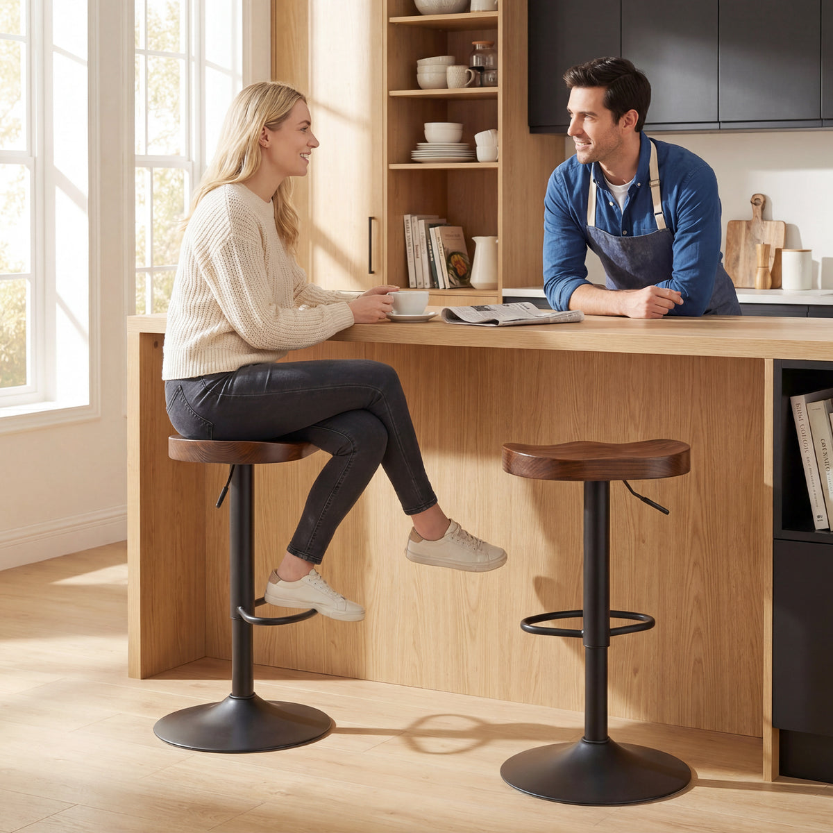 Bar Stools Set of 2 Adjustable Swivel Counter Height Chairs with Elm Wood Seat Dark Brown