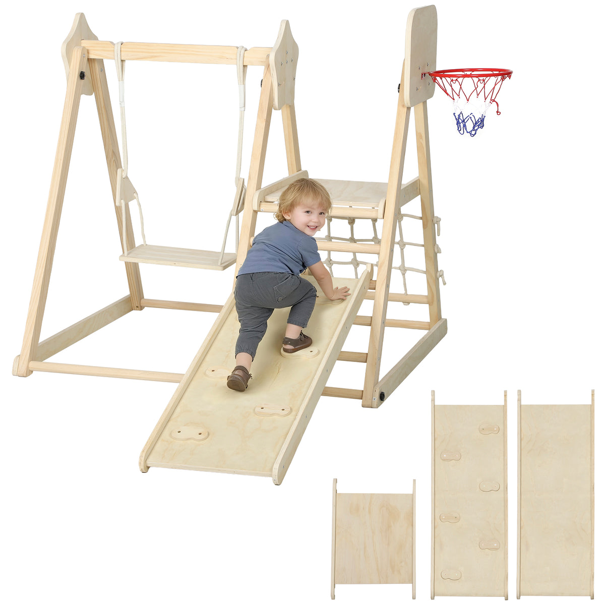 5-in-1 Indoor-Kletterger¨¹st mit Rutsche, Schaukel, Kletternetz, Basketballkorb, klappbar, 3-6 Jahre, Naturholz
