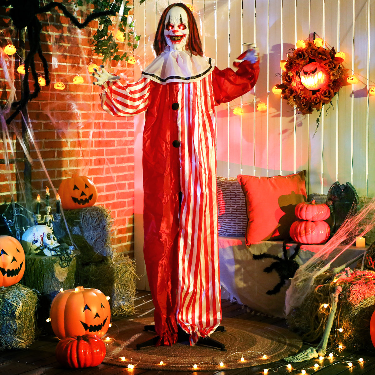 165 cm Life Size Halloween Animated Clown with Red Light Up Eyes, Sound Activated Moving Body, Scary Clown Halloween Decorations, Battery Operated, Indoor Party Props