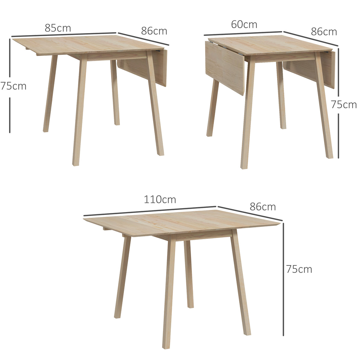 Esstisch Klapptisch Küchentisch, 2 aufklappbare Flächen, 110 x 86 x 75 cm, Natur