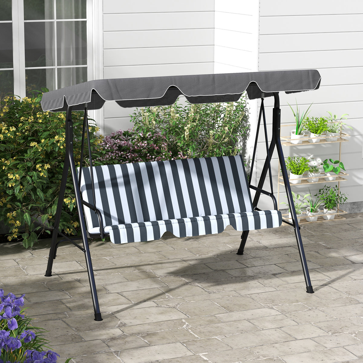 Three-Seater Garden Swing Chair, with Adjustable Canopy - Grey Stripe