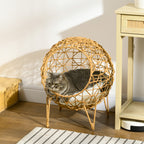  Rattan Katzenkorb Katzenhöhle Katzenhütte Katzenbett mit Kissen erhöhtes Design Haustierbett Braun Ø45 x 57H cm