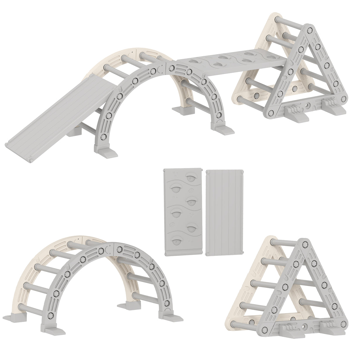 5 in 1 Kletterger¨¹st Montessori Indoor, Kletterdreieck mit Rutsche, Kletterbogen, doppelseitige Rampe, Spielplatz Indoor f¨¹r Kinder 18-48 Monate, Grau+Wei?