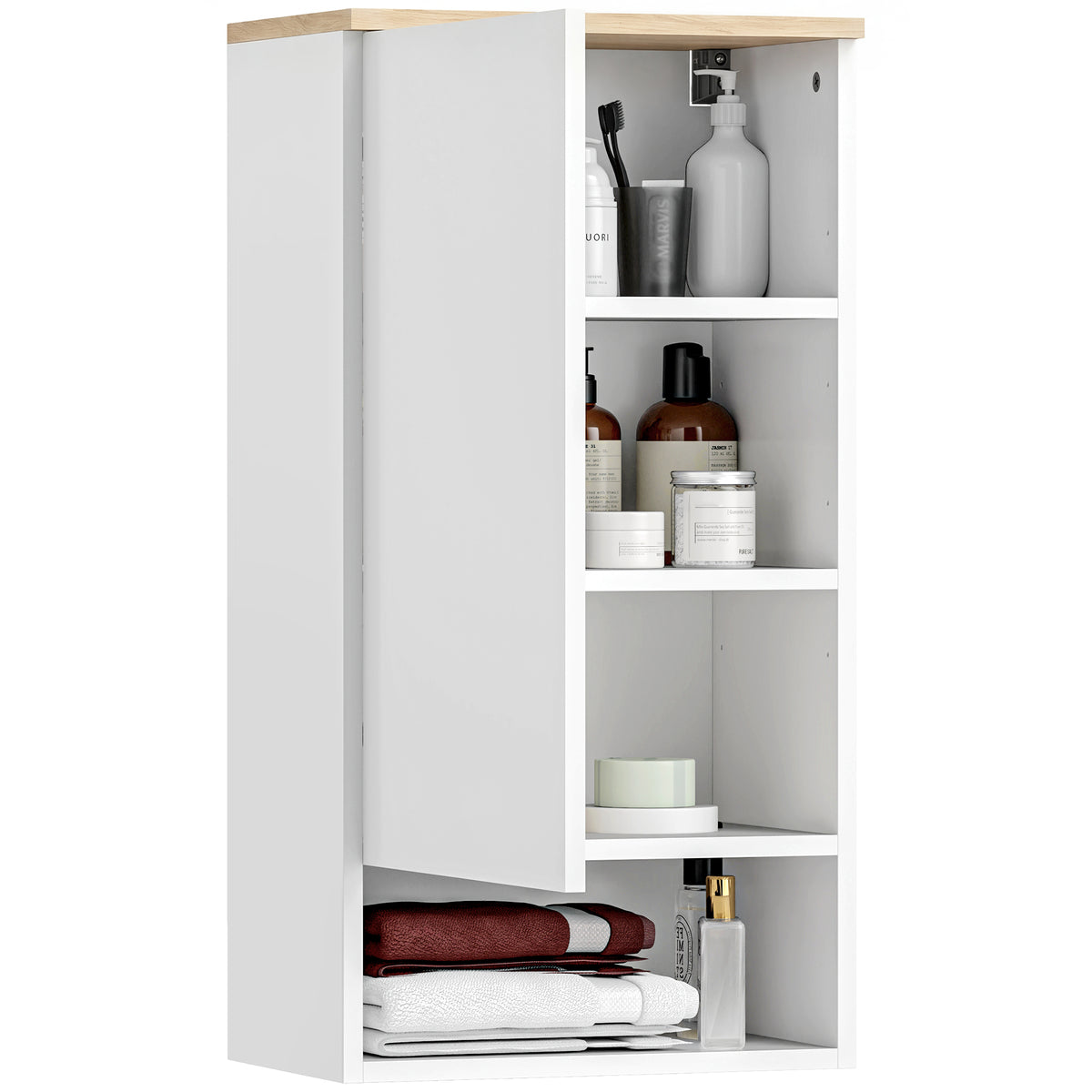 Wandmontierter Badezimmerschrank, Wandschrank f¨¹r Badezimmer mit verstellbaren Ablagen, offenem Fach, Holz, Wei?