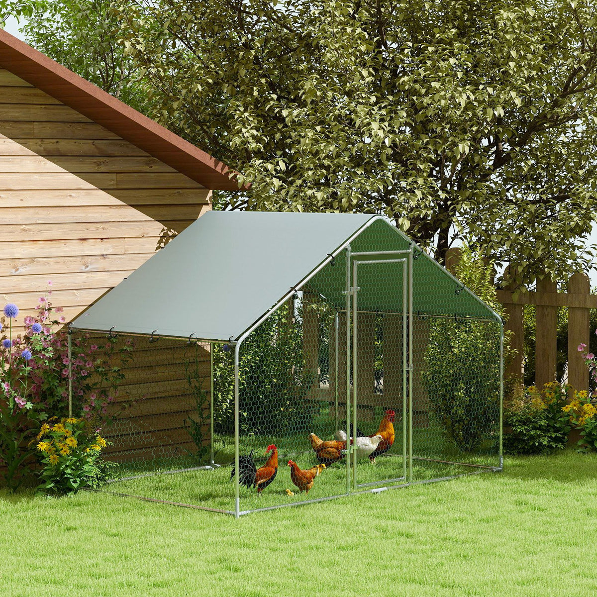 Hühnerauslauf für 5-8 Hühner, Dachplane, verriegelbare Tür, Stahlrahmen, 5,1 m², 3 x 1,7 x 1,9 m