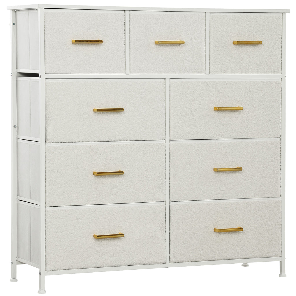 Chest of Drawers with 9 Fabric Drawers, Boucle Storage Organiser with Steel Frame, Fabric Dresser for Bedroom, Living Room, Hallway, Cream White