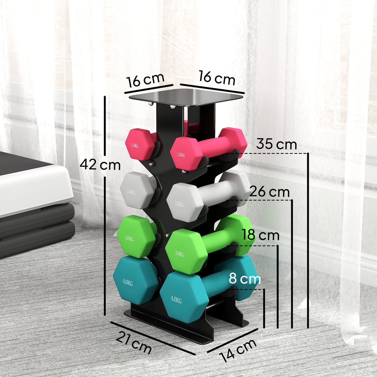 Hex Dumbbells Set with Dumbbell Rack, Hand Weights for Home Gym Strength Training, 2 x 1kg, 2 x 2kg, 2 x 3kg, 2 x 4kg