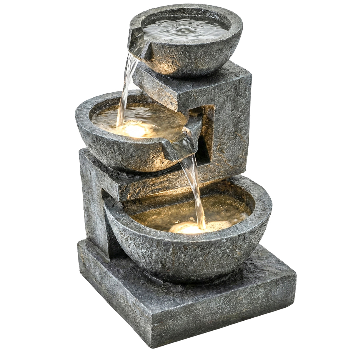 Springbrunnen 3-stufig Gartenbrunnen mit LED Beleuchtung Pumpe Steinoptik, Verstellbar 40 x 37 x 61 cm