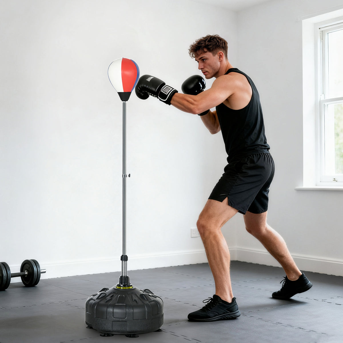 Punchingball, höhenverstellbar 147-165cm, befüllbarer Standfuß, Stahl, Schwarz+Rot+Weiß