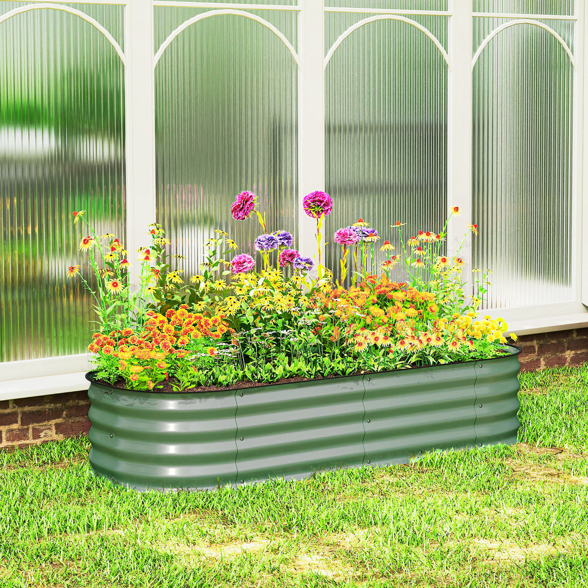 Galvanised Raised Garden Bed, Metal Planter Box with Safety Edging, for Flowers, Herbs, Succulents, Green