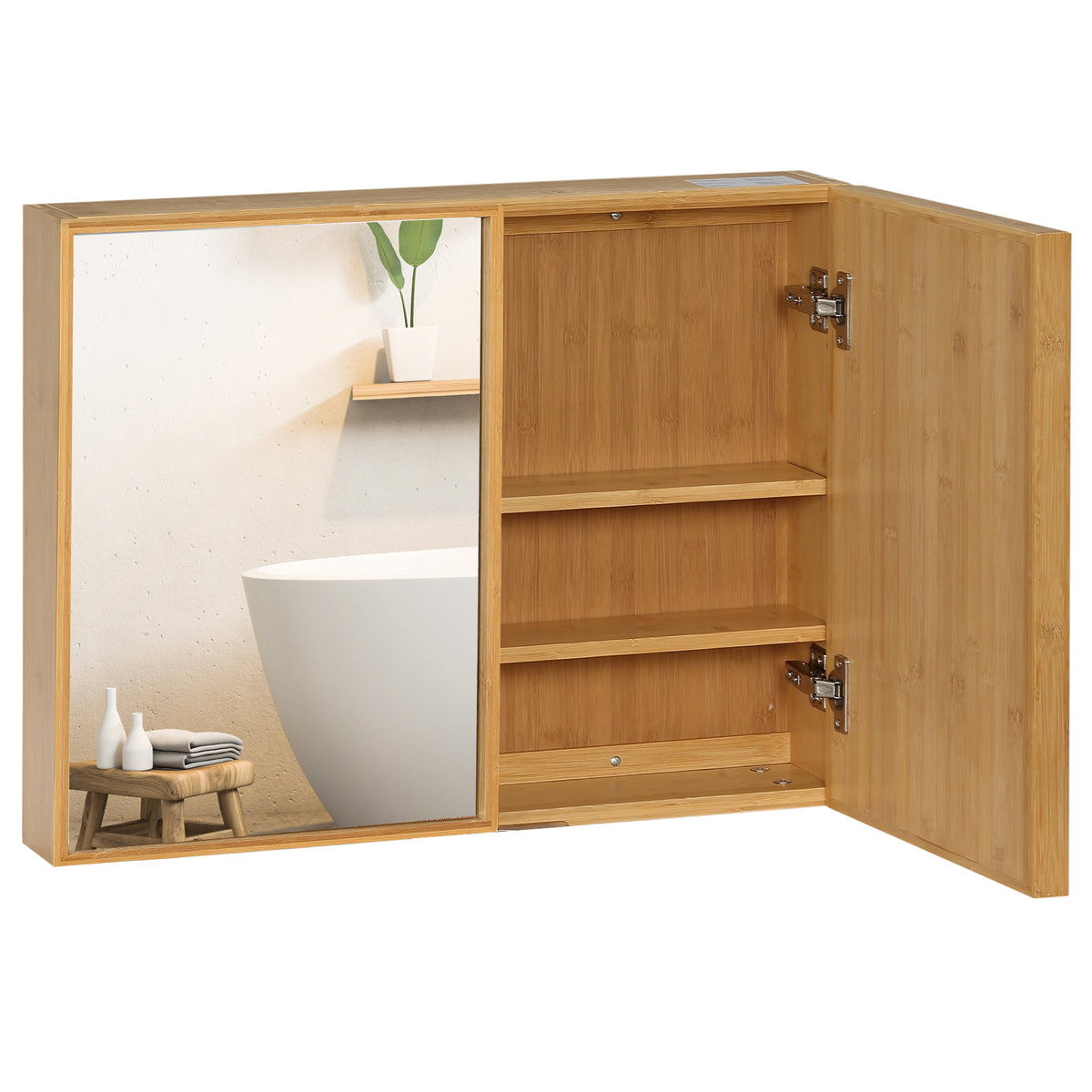Badschrank mit Spiegelt¨¹ren, mehrere Innenf?cher, robustes Geh?use aus Bambusholz, 65,2 x 14 x 50 cm