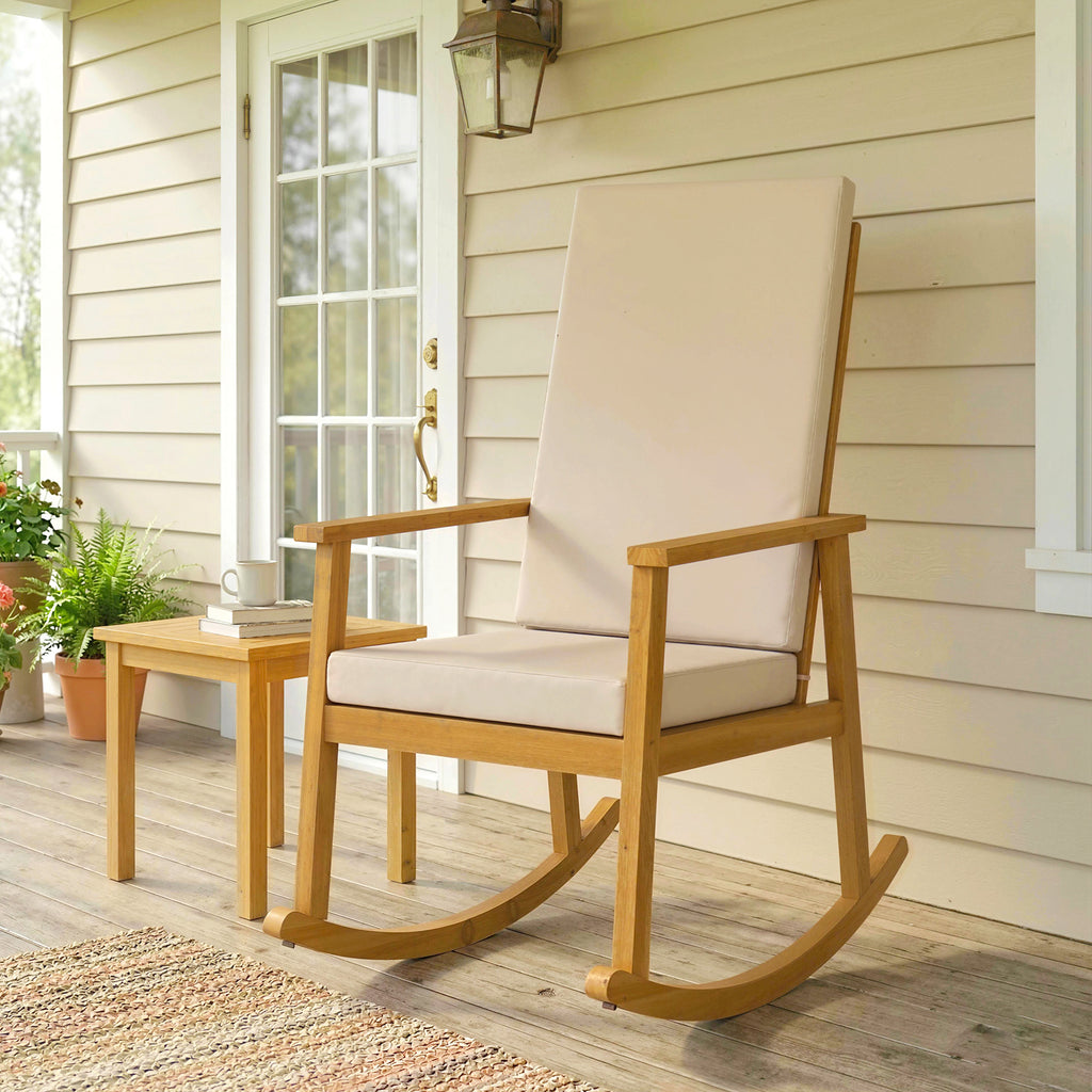 Schaukelstuhl aus Akazienholz Schaukelsessel mit hoher Rückenlehne Kissen bis 160 kg 60 x 89 x 107 cm Beige