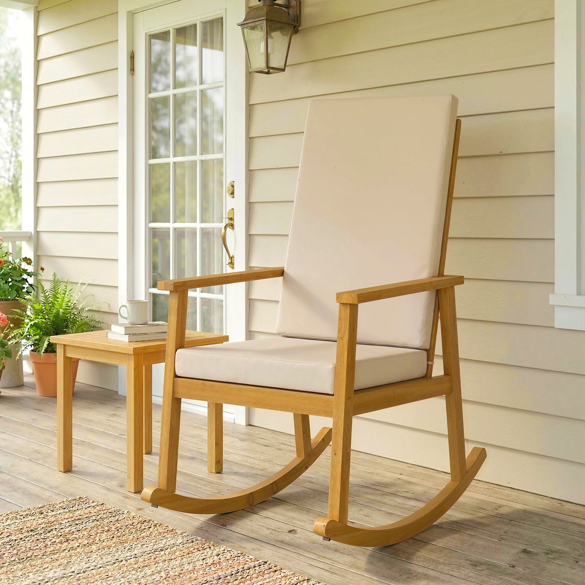 Schaukelstuhl aus Akazienholz Schaukelsessel mit hoher Rückenlehne Kissen bis 160 kg 60 x 89 x 107 cm Beige