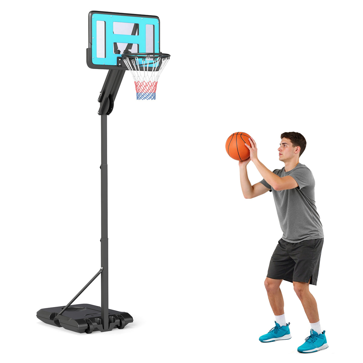 Fully Adjustable Basketball Hoop Outdoor, 146-236cm Basketball Hoop and Stand with Weighted Base and Shatterproof Backboard, Portable on Wheels for Junior, Adults